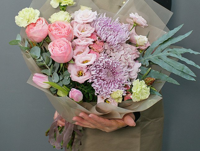 Bouquet with pink hydrangea, chrysanthemum and eustoma photo