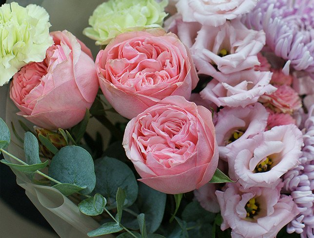 Bouquet with pink hydrangea, chrysanthemum and eustoma photo