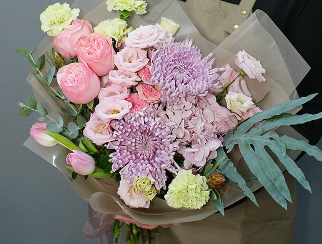 Bouquet with pink hydrangea, chrysanthemum and eustoma photo