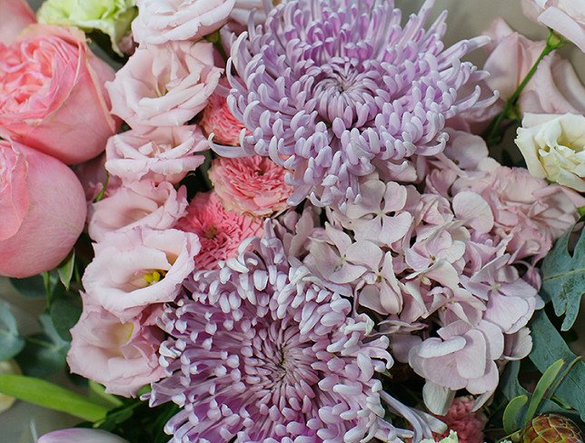 Bouquet with pink hydrangea, chrysanthemum and eustoma photo