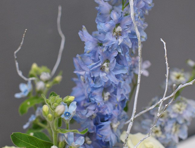 Cutie cu trandafiri albi si delphinium foto