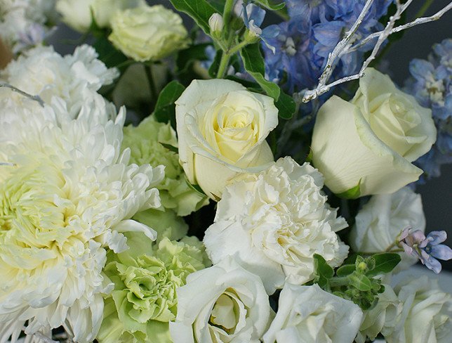 Box with white chrysanthemum and blue delphinium photo