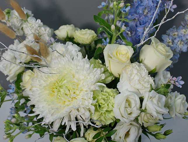 Box with white chrysanthemum and blue delphinium photo