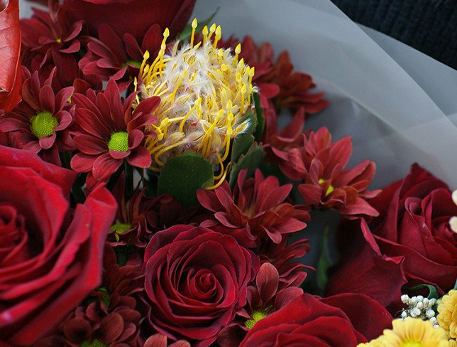 Bouquet of red roses and cream chrysanthemums photo