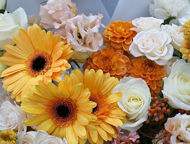 Bouquet of orange gerberas and dahlias photo