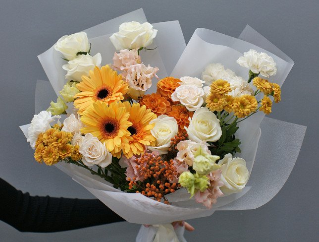 Bouquet of orange gerberas and dahlias photo