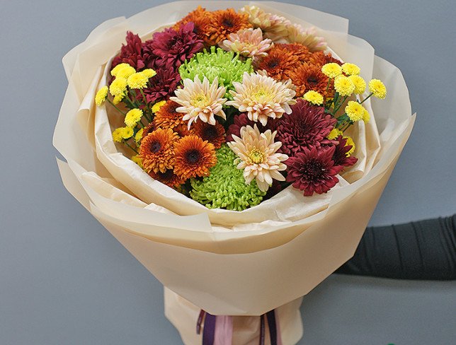 Bouquet of multi-colored chrysanthemums "Golden Symphony" photo