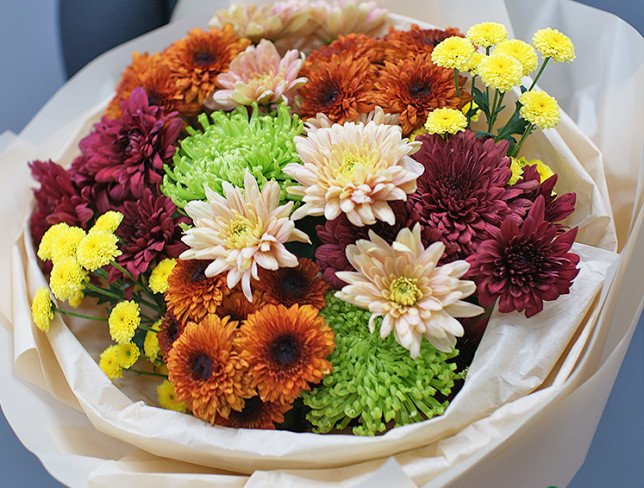 Bouquet of multi-colored chrysanthemums "Golden Symphony" photo