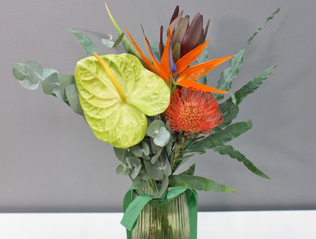 Vase + Bouquet of Strelitzia and Anthurium "Tropical Harmony" photo