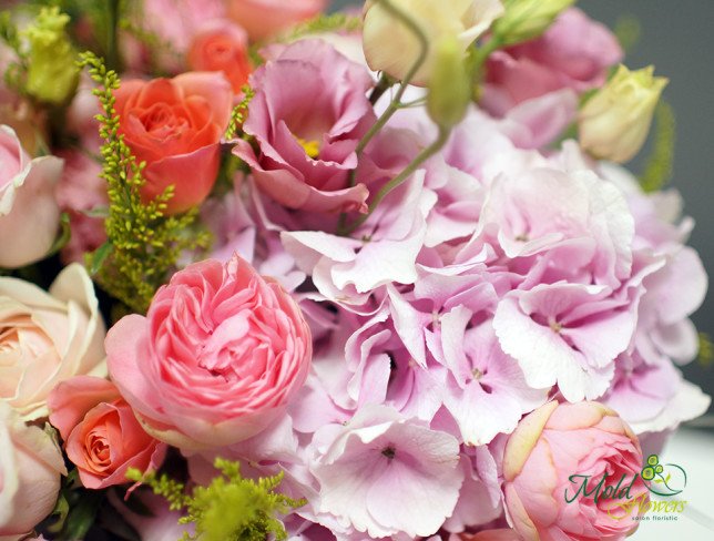 Beige Box with Hydrangea and Lisianthus photo