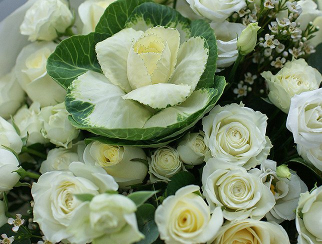 Bouquet of white bush roses and brassicas "Eternity" photo