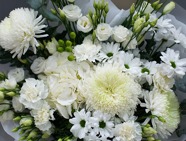 Bouquet of white hydrangea and chrysanthemums "Purity of feelings" photo