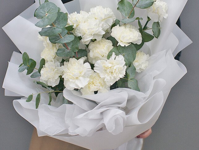 Bouquet of white carnations and eucalyptus "Lightness of clouds" photo