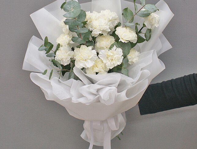Bouquet of white carnations and eucalyptus "Lightness of clouds" photo