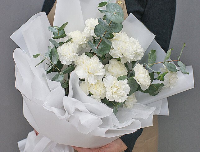 Bouquet of white carnations and eucalyptus "Lightness of clouds" photo