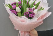 Bouquet of white tulips and pink chrysanthemums "Waltz of flowers" — photo 5