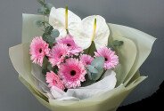 Buchet de gerbere roz si anthurium „Raza de feminitate” — foto 1