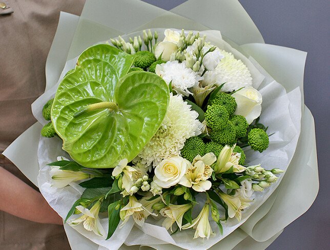 Bouquet of chrysanthemums and green anthurium photo