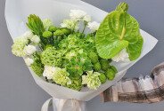 Bouquet with green hydrangea and anthurium “Emerald Dawn” — photo 1