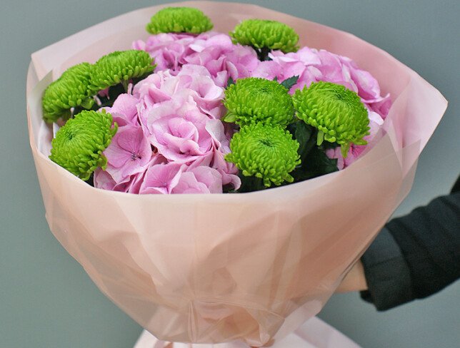 Bouquet of pink hydrangeas and green chrysanthemums — photo 4