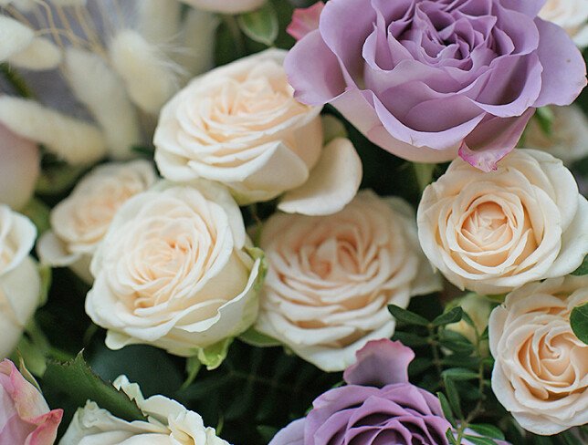 Bouquet of purple and cream roses "Firework of Emotions" photo