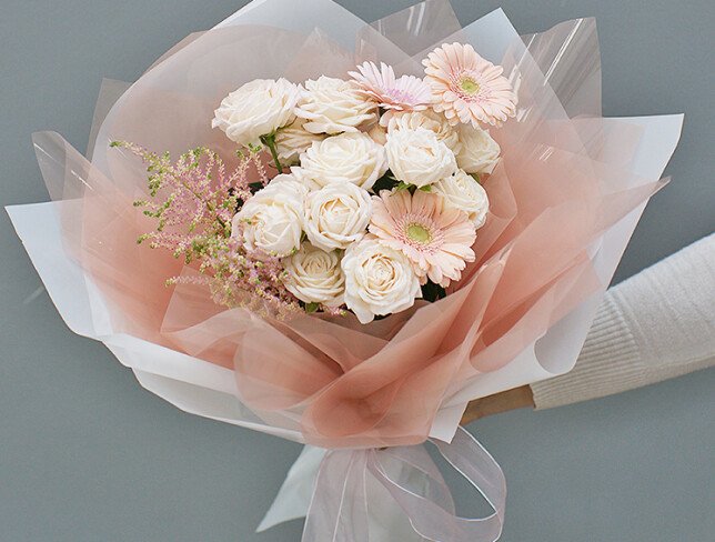 Bouquet of soft pink gerberas and spray roses "Delicate Nature" photo