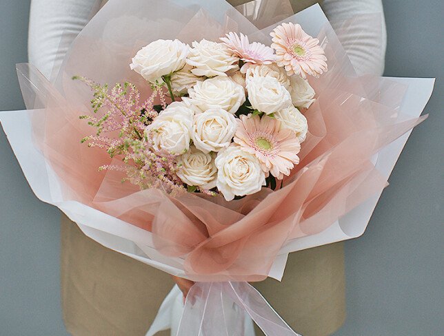 Bouquet of soft pink gerberas and spray roses "Delicate Nature" photo
