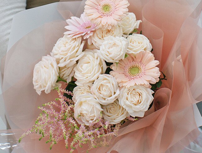 Bouquet of soft pink gerberas and spray roses "Delicate Nature" photo