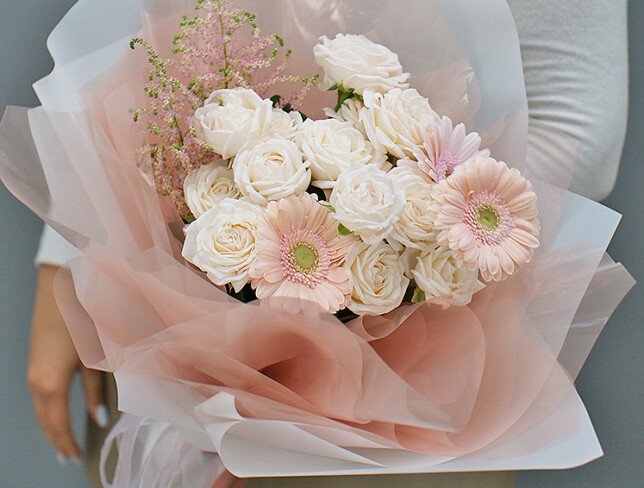 Bouquet of soft pink gerberas and spray roses "Delicate Nature" photo