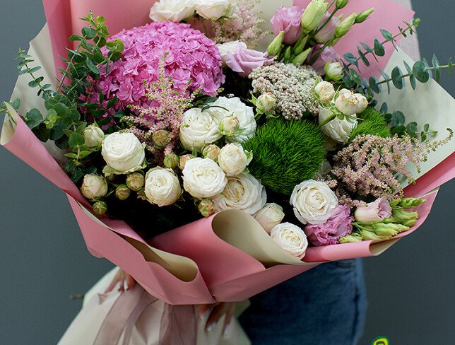 Bouquet with pink hydrangea and bush roses "Whisper of the petals" photo