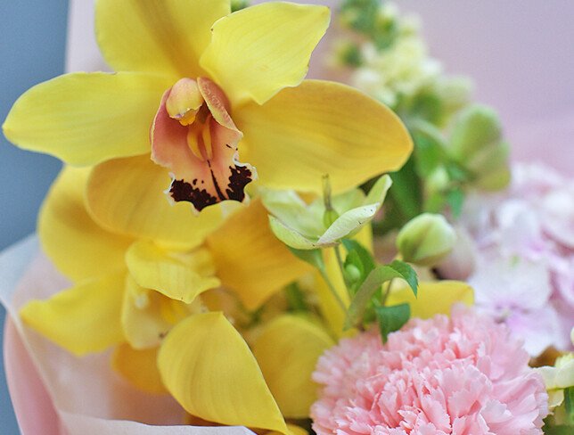 Bouquet with pink hydrangea, dianthus, and yellow orchids photo