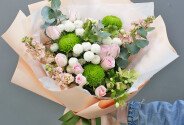 Bouquet of pink roses and chrysanthemums "Morning Tenderness" — photo 1