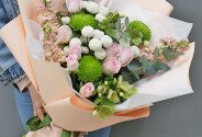 Bouquet of pink roses and chrysanthemums "Morning Tenderness" — photo 3