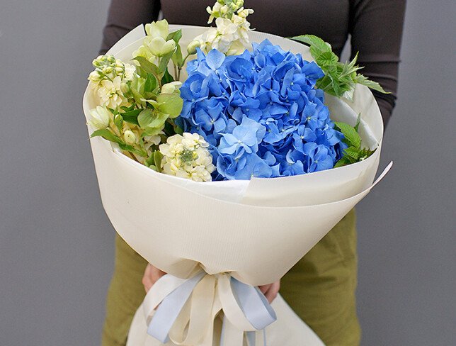 Bouquet of blue hydrangea and matthiola photo