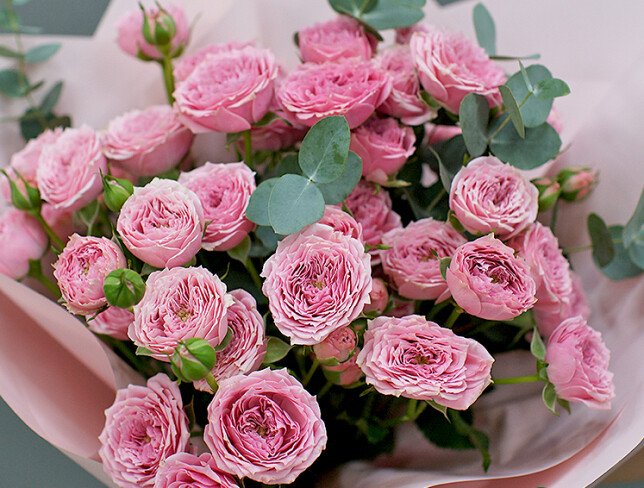 Bouquet of pink spray roses with eucalyptus photo