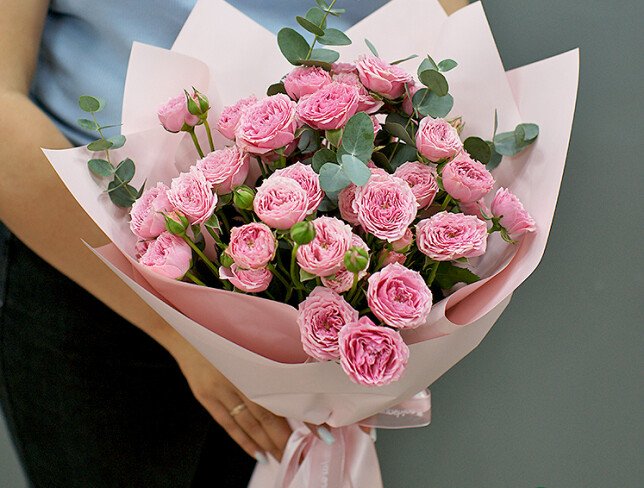 Bouquet of pink spray roses with eucalyptus photo