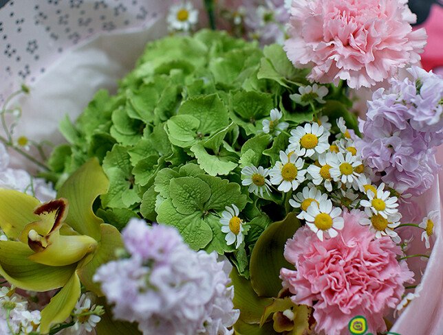 Buchet cu hortensie verde, matiole si diantuse roz foto