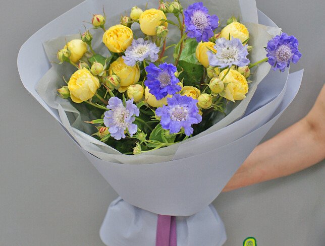 Bouquet of yellow peony-shaped roses and scabiosa “French Summer” photo