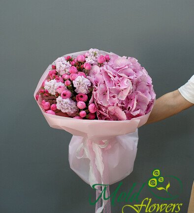 Buchet din hortensie roz, trandafiri de tufa roz si matiole foto 394x433