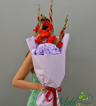 Buchet din hortensie violet si gladiole rosii foto 394x433