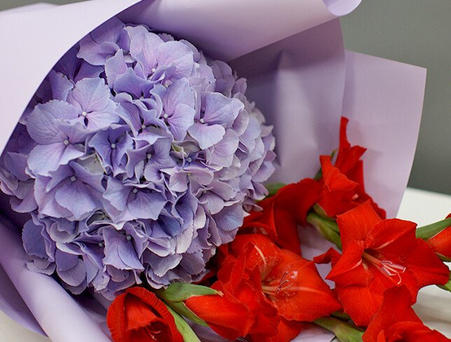 Buchet din hortensie violet si gladiole rosii foto
