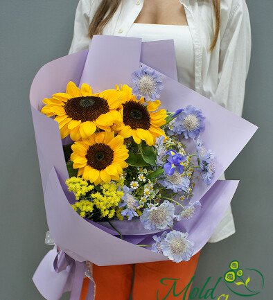 Bouquet of sunflowers and violet scabiosa photo 394x433