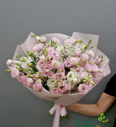 Bouquet of pink and white eustoma “Delicate Embrace” photo 394x433
