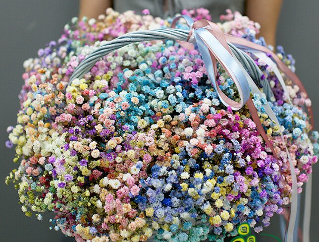 Cos cu gypsophila multicolora „Respiratie de curcubeu” foto