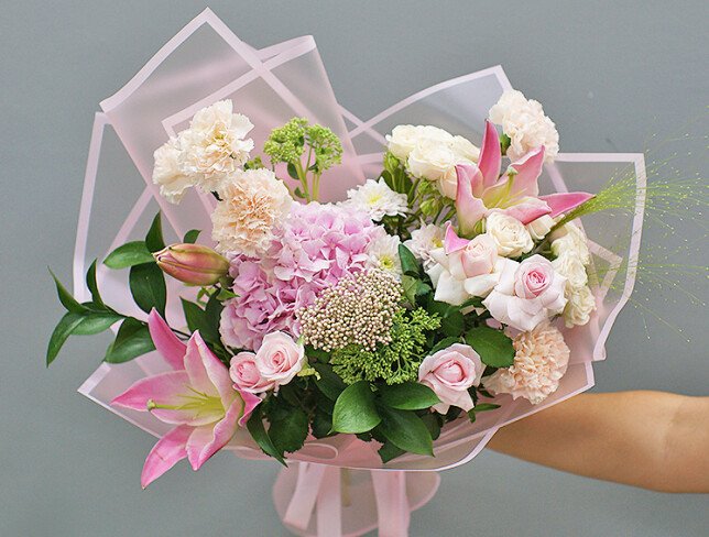 Bouquet of pink hydrangea, lilies and roses "Petals of Happiness" photo