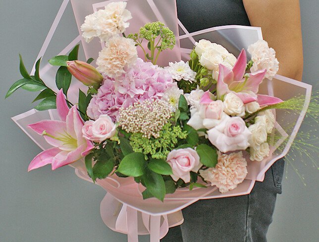 Bouquet of pink hydrangea, lilies and roses "Petals of Happiness" photo