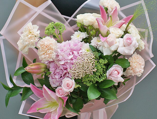Bouquet of pink hydrangea, lilies and roses "Petals of Happiness" photo