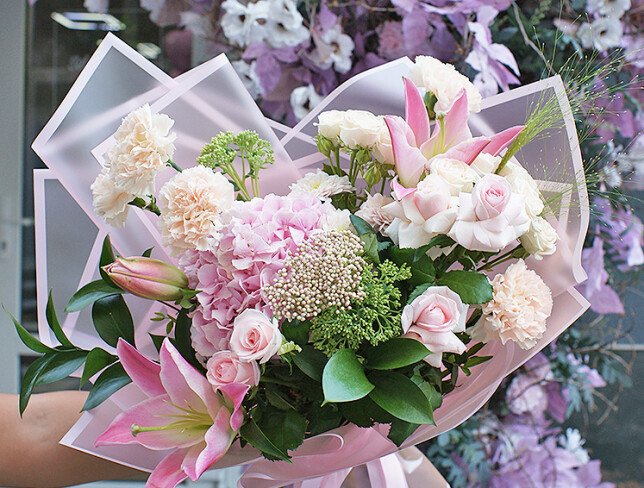Bouquet of pink hydrangea, lilies and roses "Petals of Happiness" photo