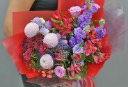 Bouquet of chrysanthemums, eustoma and alstroemeria "Bright Symphony" — photo 1
