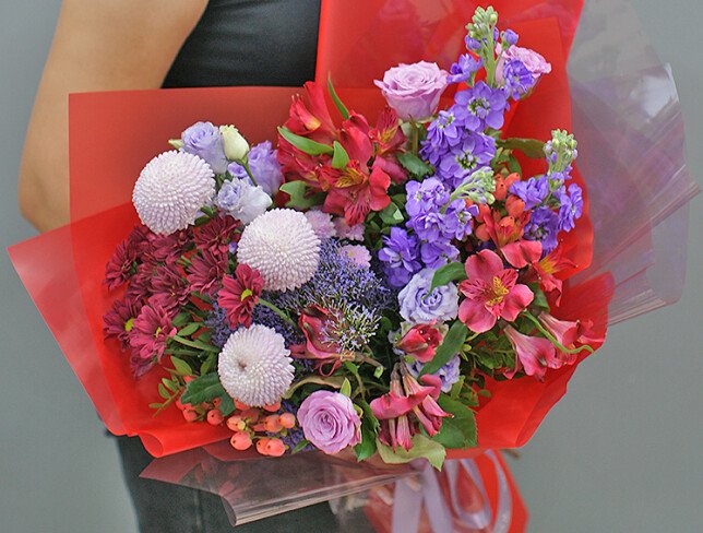 Bouquet of chrysanthemums, eustoma and alstroemeria "Bright Symphony" photo
